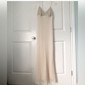 Warren Petites 90s Y2K Ivory Stretch Lace Full Length Prom Dress w/Bea…